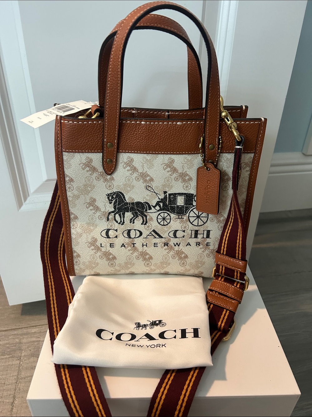 Coach Cream Canvas Tote with Brown Leather Trim and Striped Strap